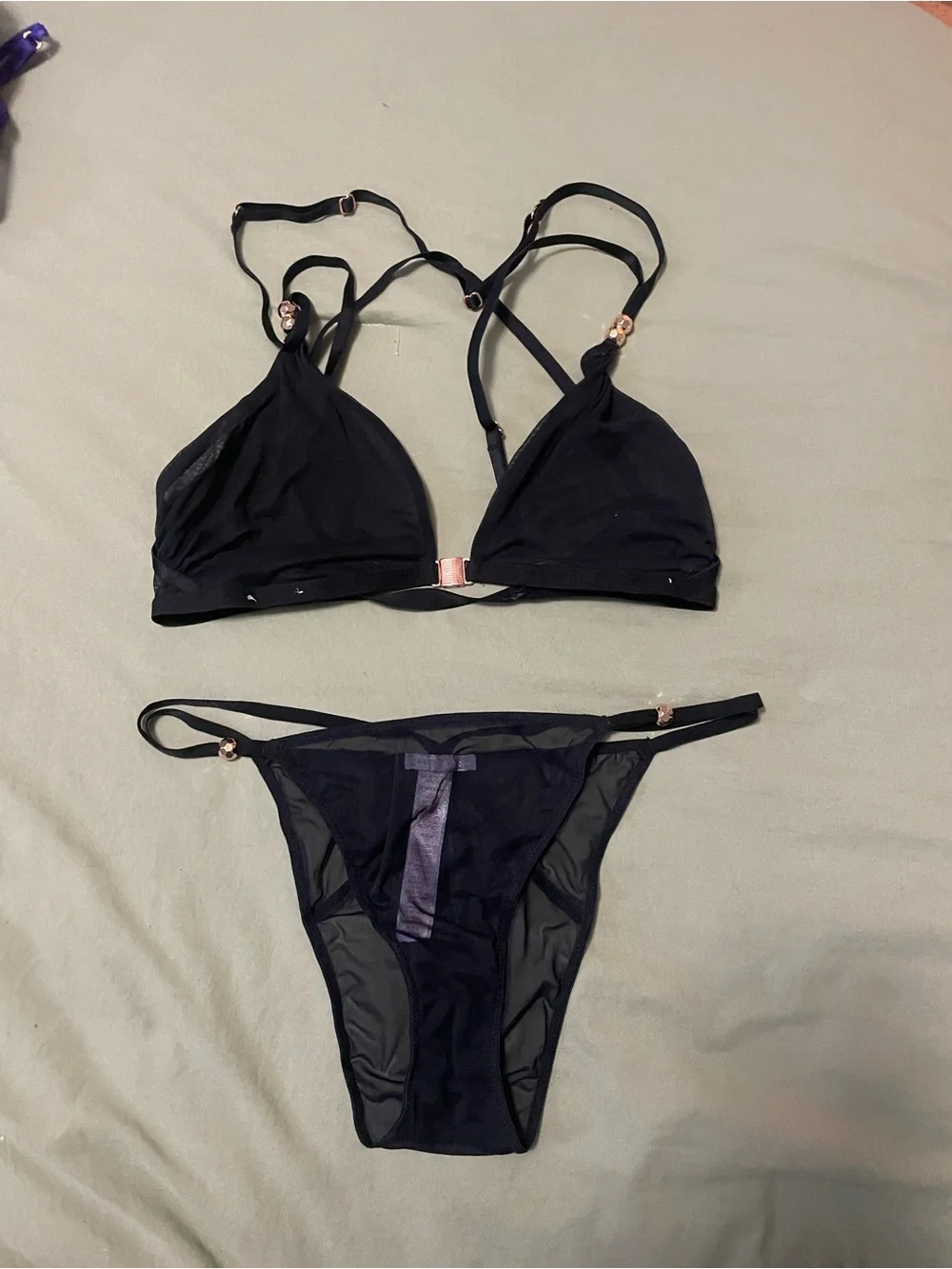 Savage X Fenty Black Mesh Triangle Bikini Set with Rose-Gold Hardware